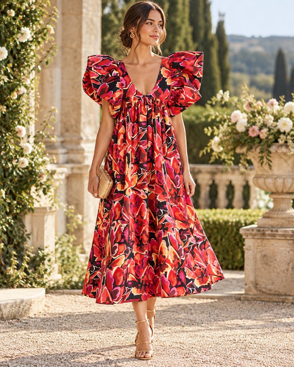 Kika Vargas Adriana Butterfly Print Puff Sleeve Midi Dress XXS